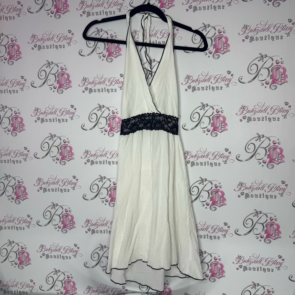 White Halter Dress with Black Lace Detail retro pin up girl sexy Lacie trim